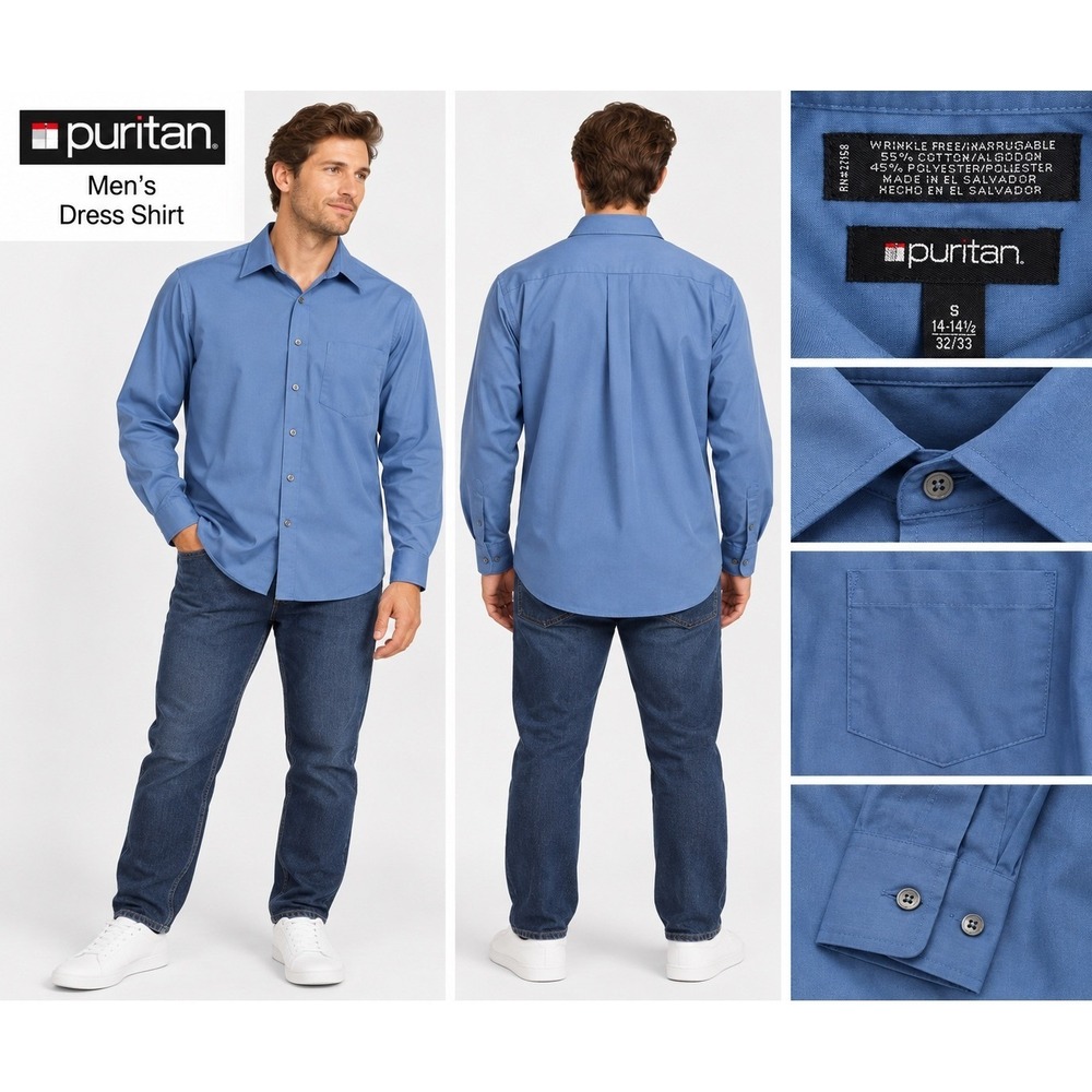 Puritan Dress Shirt Mens Small Blue Excellent Wrinkle Free Long Sleeve Button Up